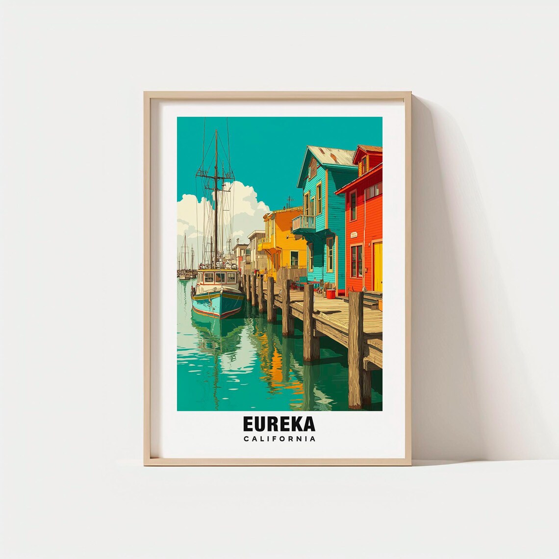 Eureka California Harbor Fishing Boats Colorful Waterfront Poster