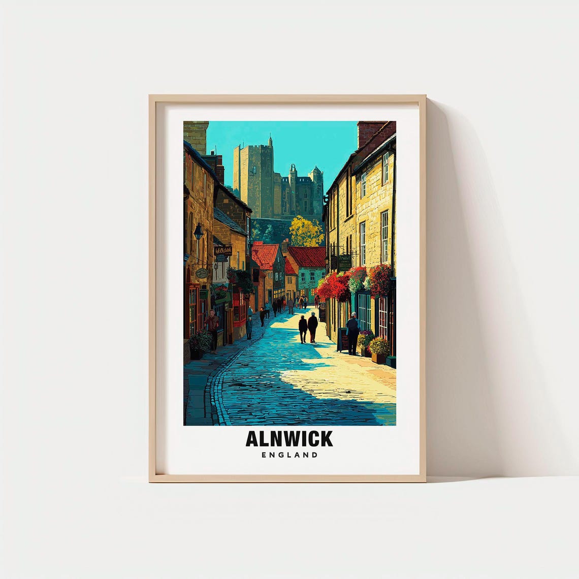 Alnwick England Cobblestone Street Castle Town Floral Baskets Poster