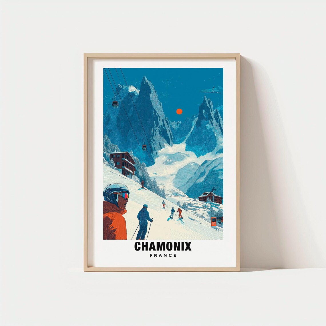 Chamonix France Vintage Ski Resort Snowy Peaks Cable Car Travel Poster