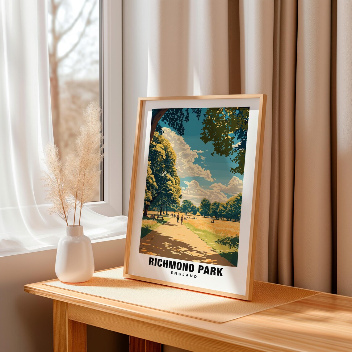 Richmond Park London Sunlit Woodland Path with Grazing Deer Poster - Image 3