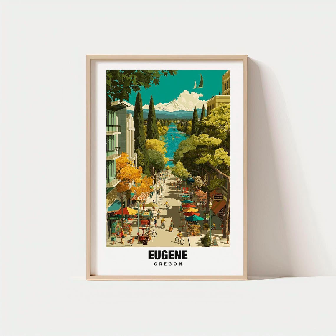 Eugene Oregon Tree Lined Street River Market Bustling Poster Art