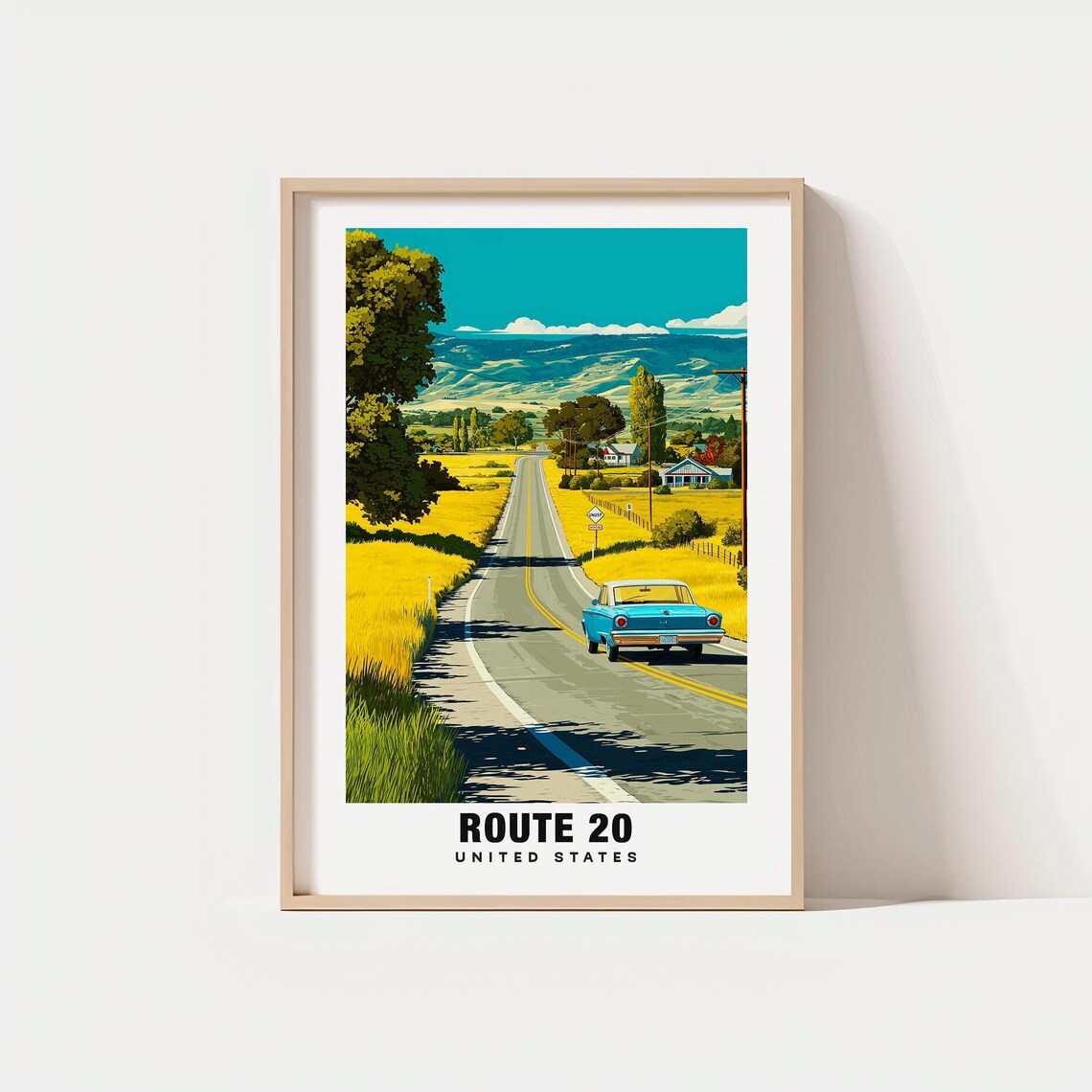 Route 20 United States Scenic Country Highway with Classic Car Poster