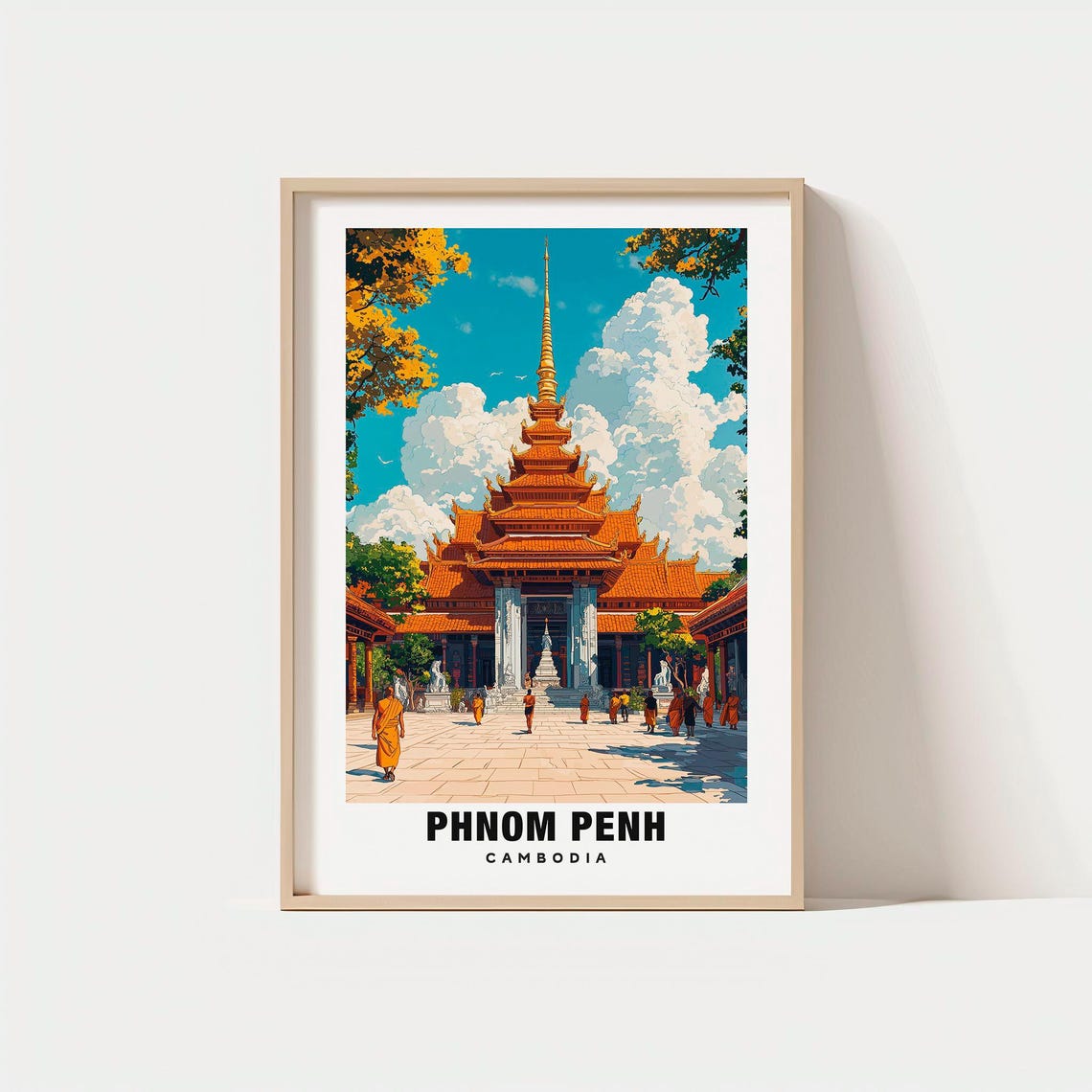 Phnom Penh Cambodia Golden Temple Monks Sacred Travel Poster