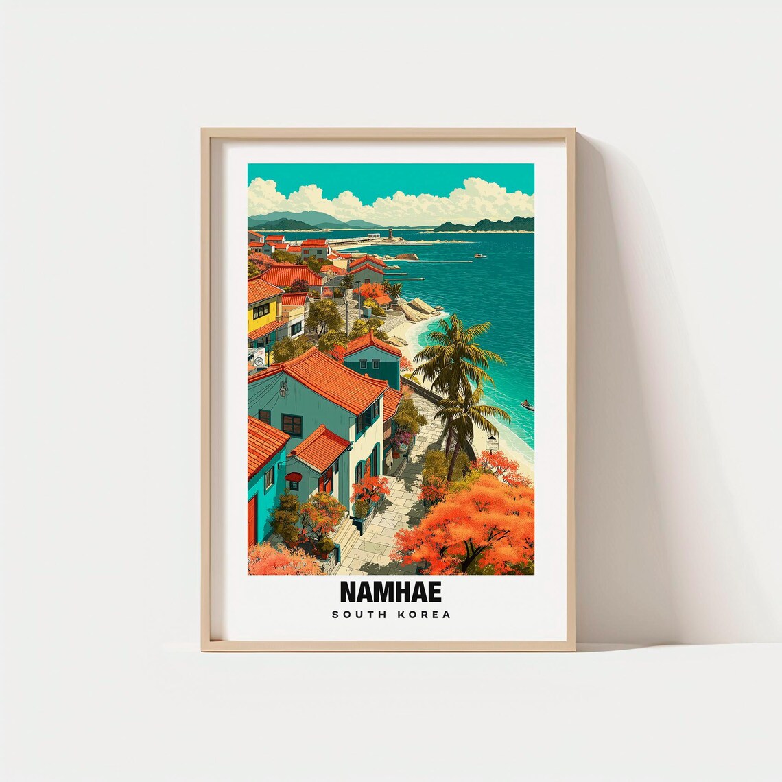 Namhae South Korea Coastal Village Turquoise Sea Travel Poster