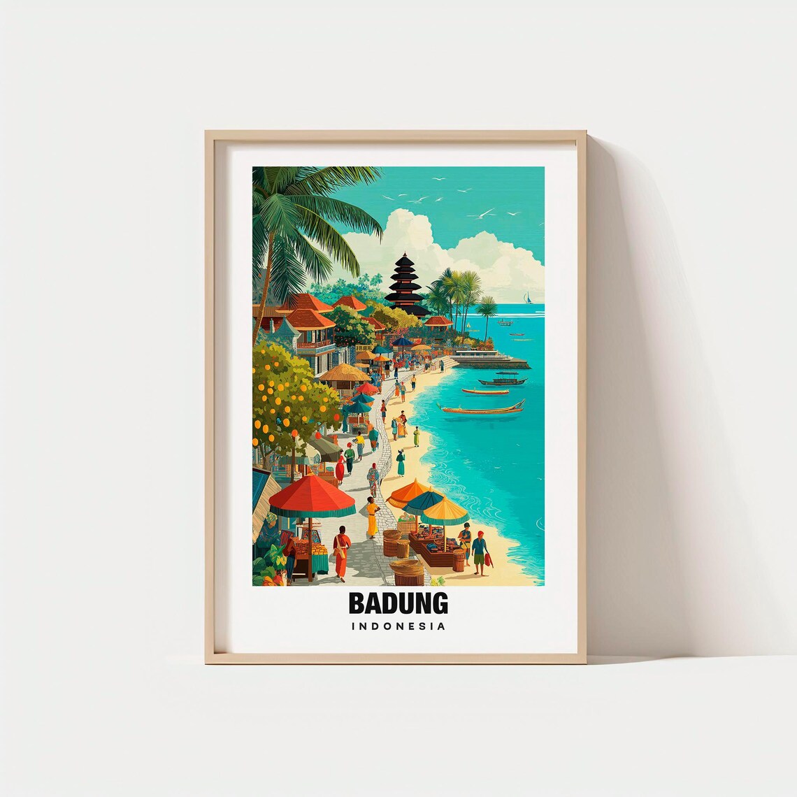 Badung Bali Indonesia Temple Tower Beach Boats Tropical Vintage Poster