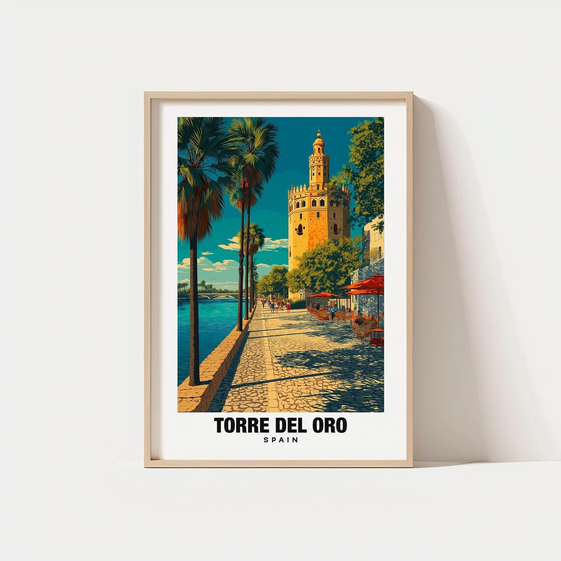 Torre Del Oro Seville Spain Riverside Promenade Vintage Travel Poster