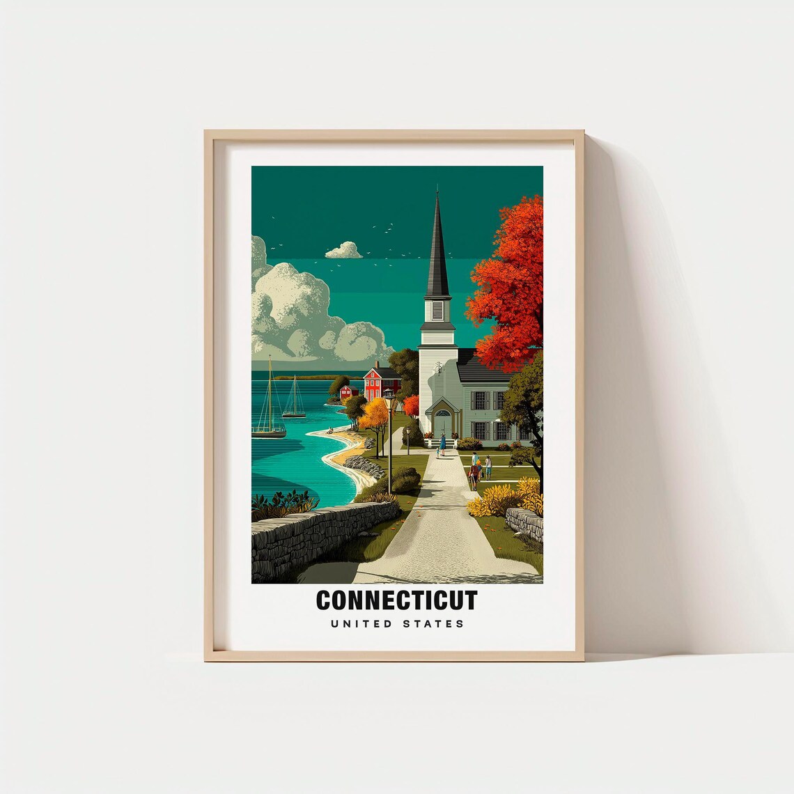 Connecticut Coastal Harbor White Church Autumn Foliage Travel Poster