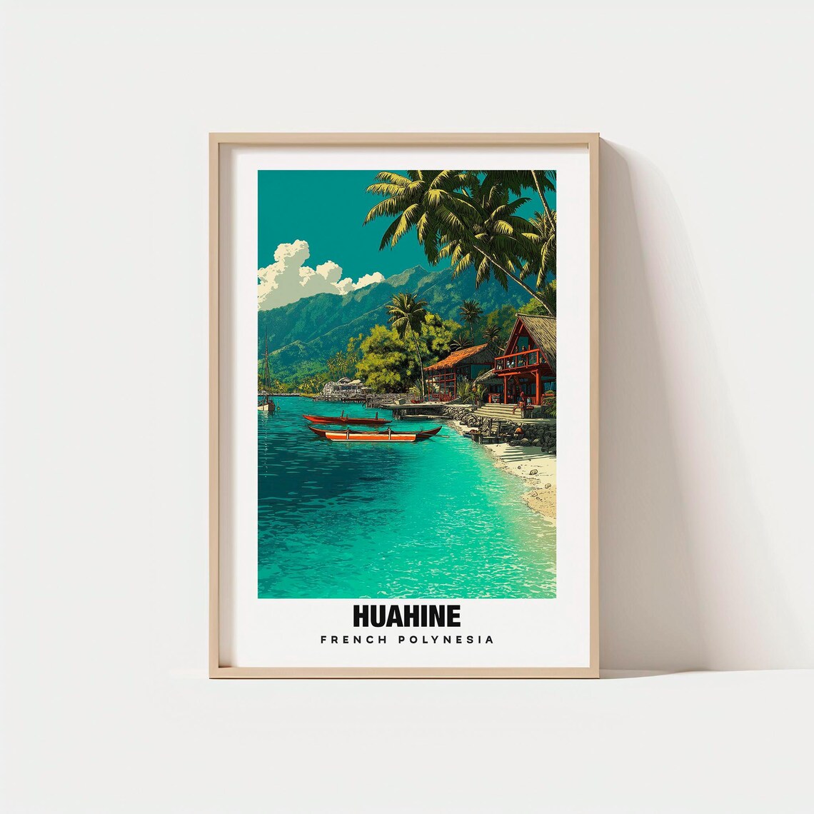 Huahine French Polynesia Lagoon Canoes Tropical Island Travel Poster