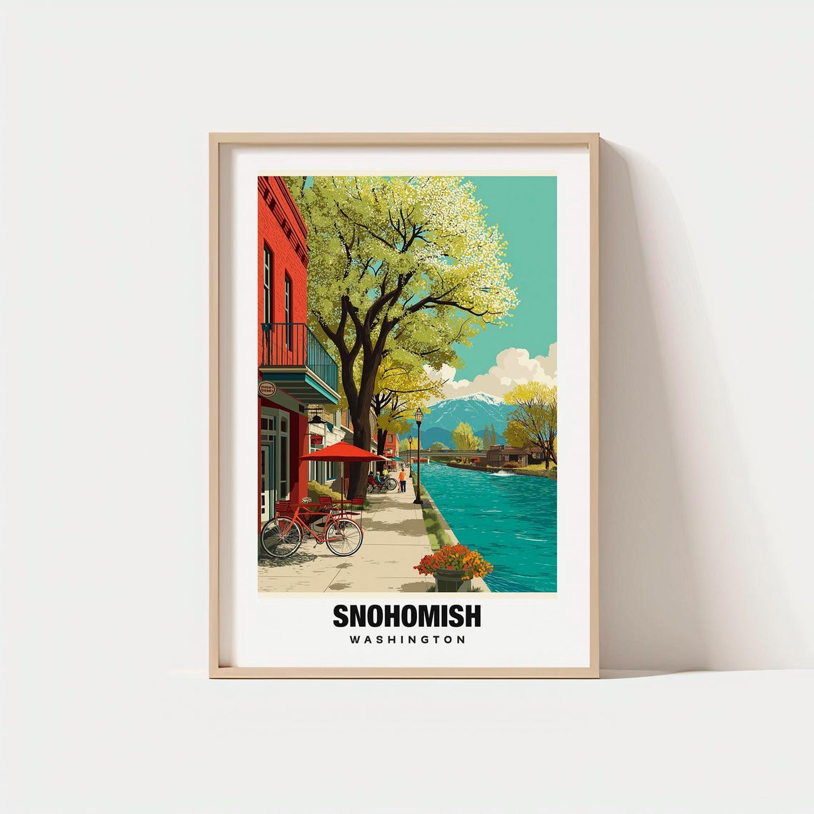 Snohomish Washington Riverside Street Bikes Cafes Mountain View Poster