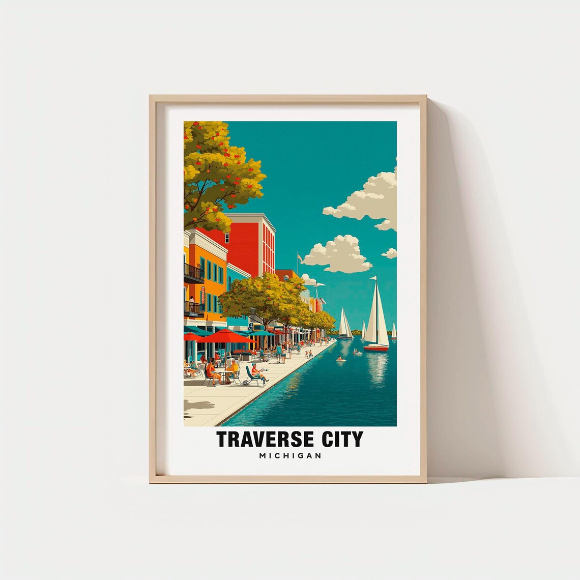 Traverse City Michigan Downtown Waterfront Sailboats Scene Poster