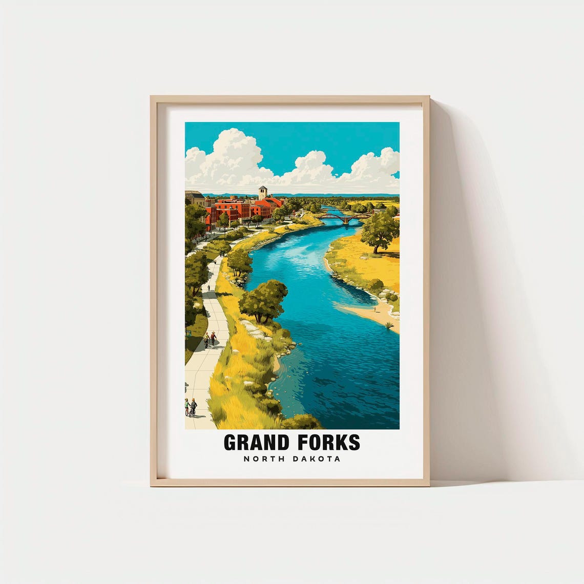 Grand Forks North Dakota Downtown Riverwalk City Scene Poster