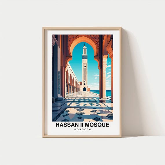 Hassan Ii Mosque Print Travel Poster Moroccan Art Majestic Architecture Coastal Views Historic Landmark Cultural Heritage Casablanca