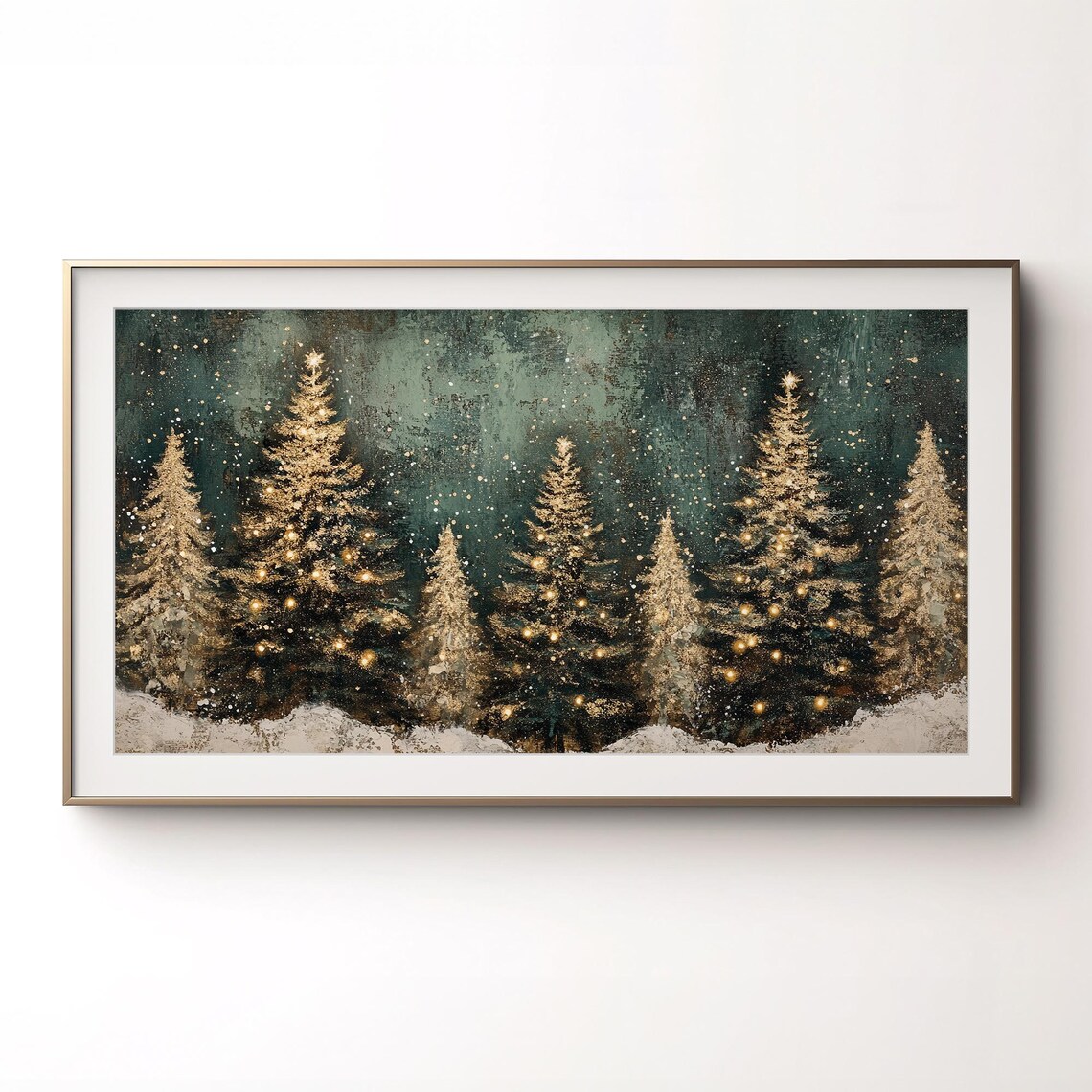 Golden Lit Christmas Trees Snowy Night Dark Green Holiday Poster - Image 3