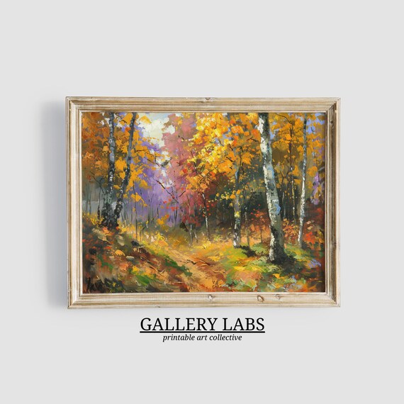 Golden Autumn Birch Forest Landscape Painting Fall Foliage Wall Art Print