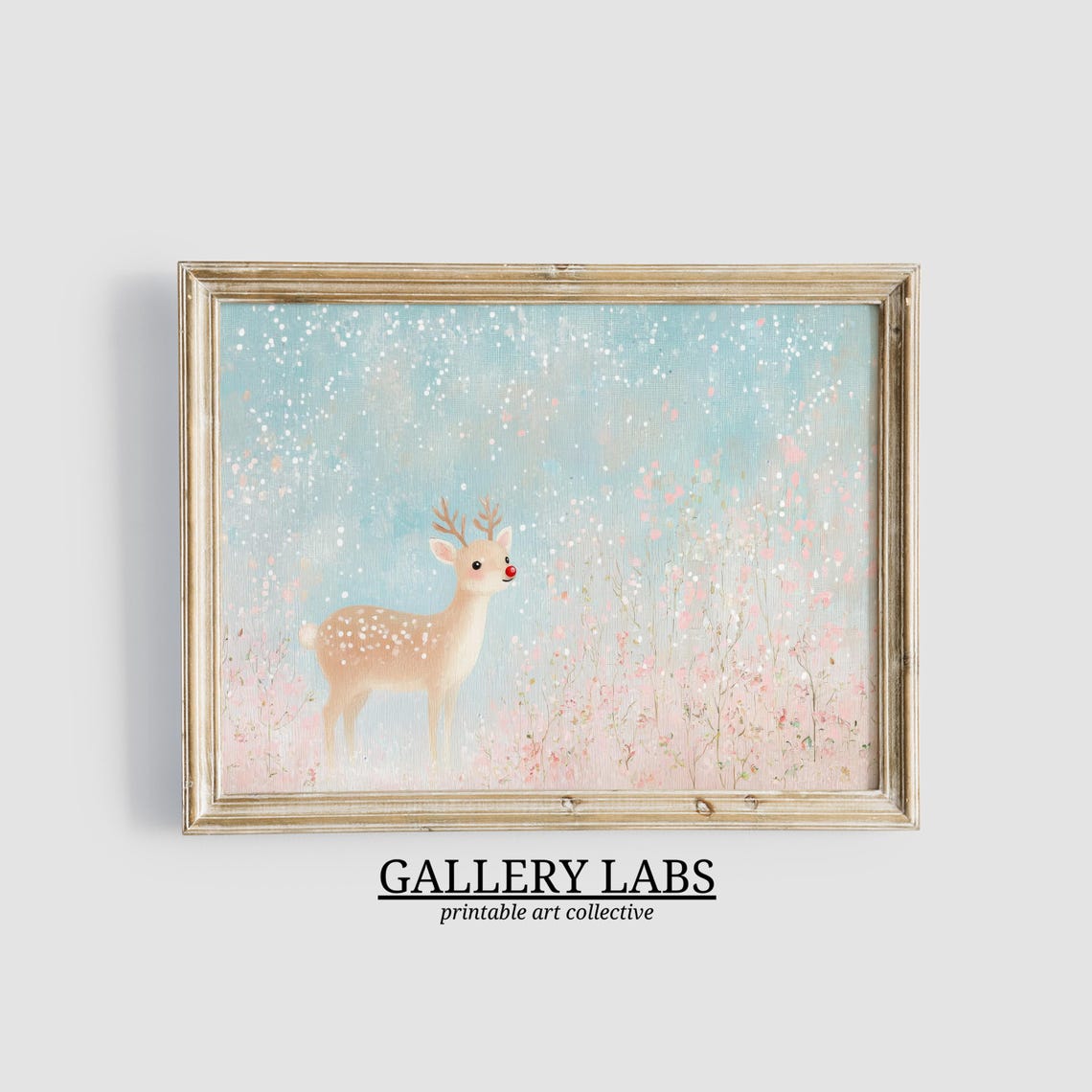 Cute Reindeer Snowy Pink Flower Field Christmas Wall Art Print