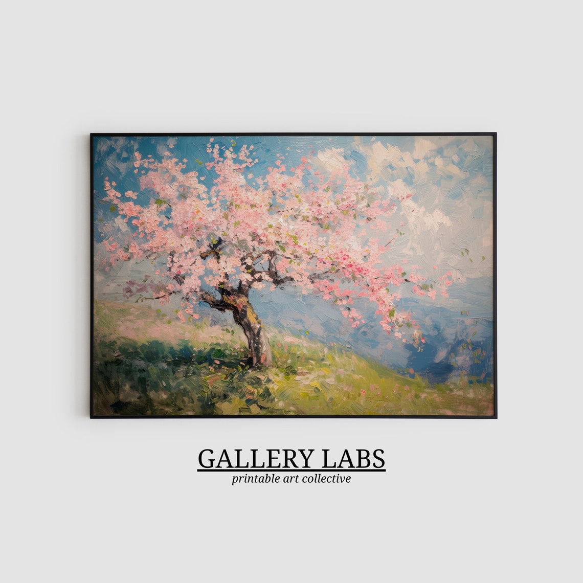 Pink Cherry Blossom Tree In Bloom Spring Hillside Painting Poster - Image 2