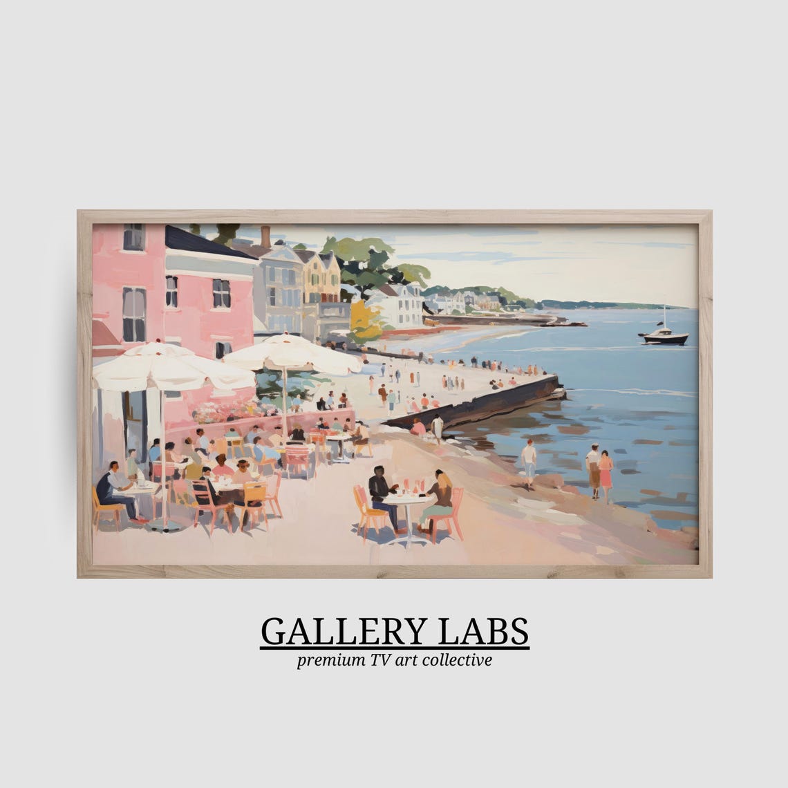 Pastel Seaside Town Pink Buildings Beach Cafe Umbrellas Art Poster - Image 2