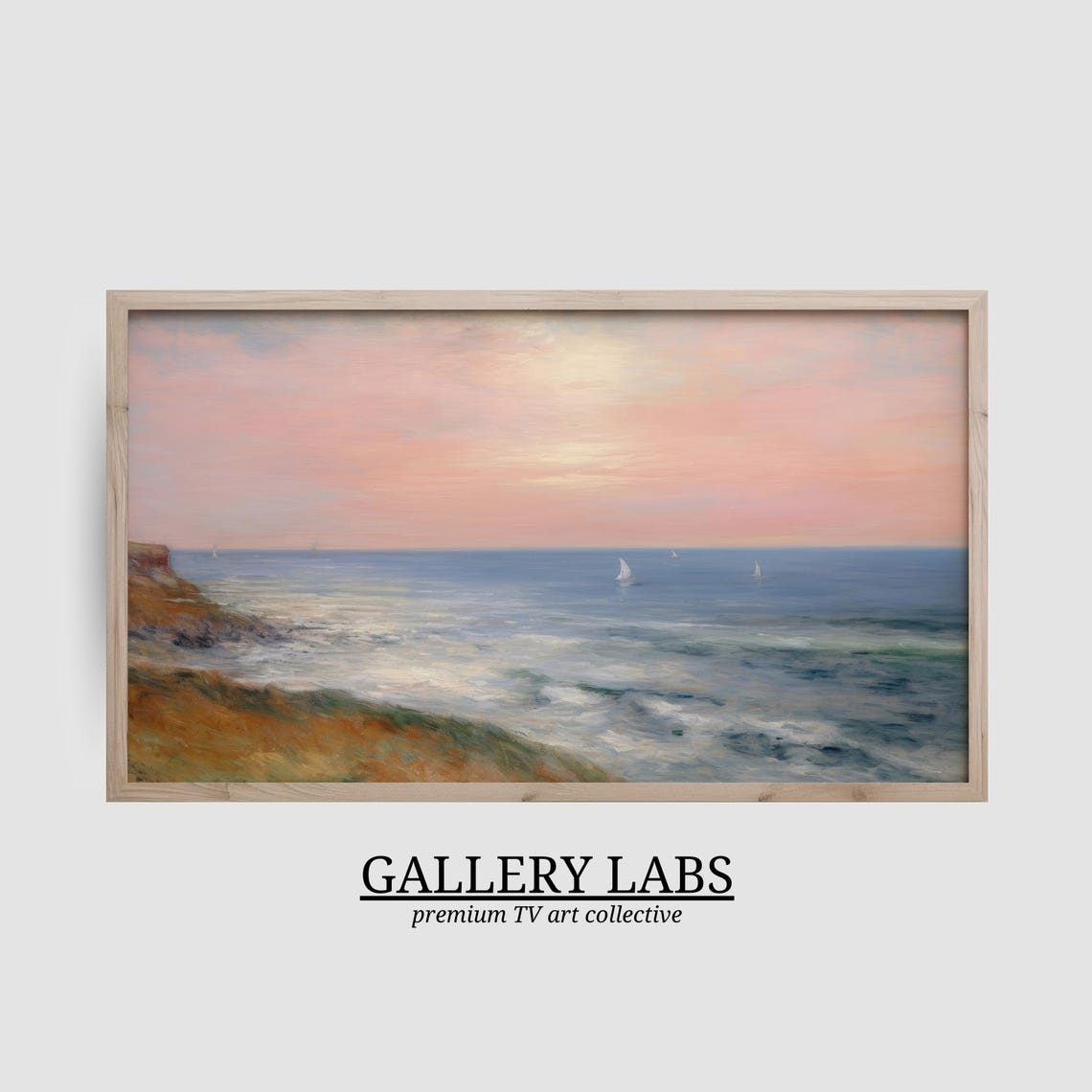 Pink Sunset Calm Sea Sailboats Horizon Golden Cliffs Seascape Poster - Image 2