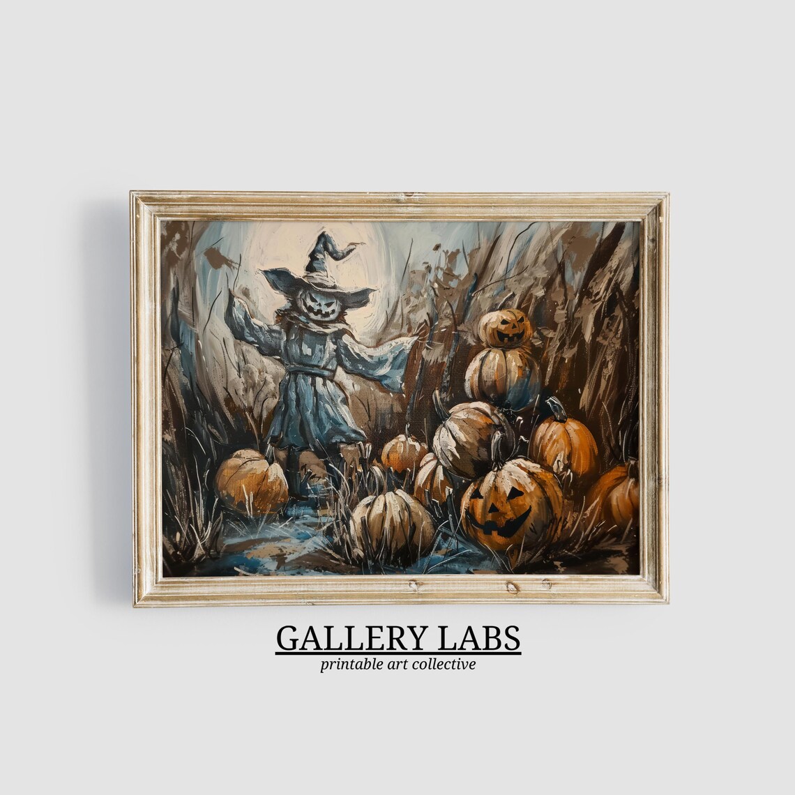 Scarecrow with Pumpkin Head in Cornfield Vintage Halloween Wall Art Print