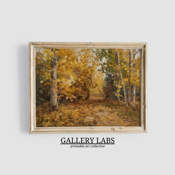 Golden Birch Forest Leaf Strewn Path Warm Autumn Woodland Art Print