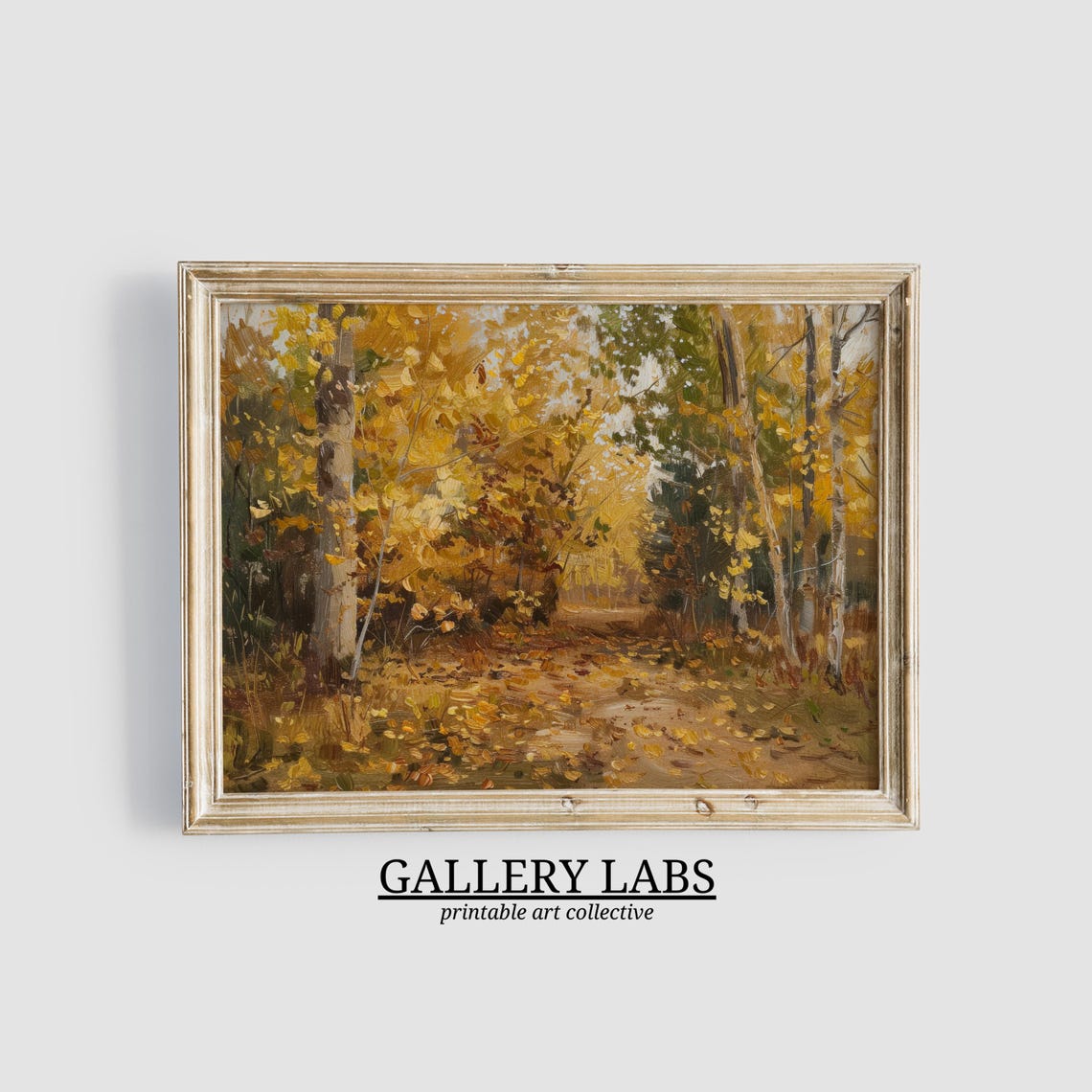 Golden Birch Forest Leaf Strewn Path Warm Autumn Woodland Art Print
