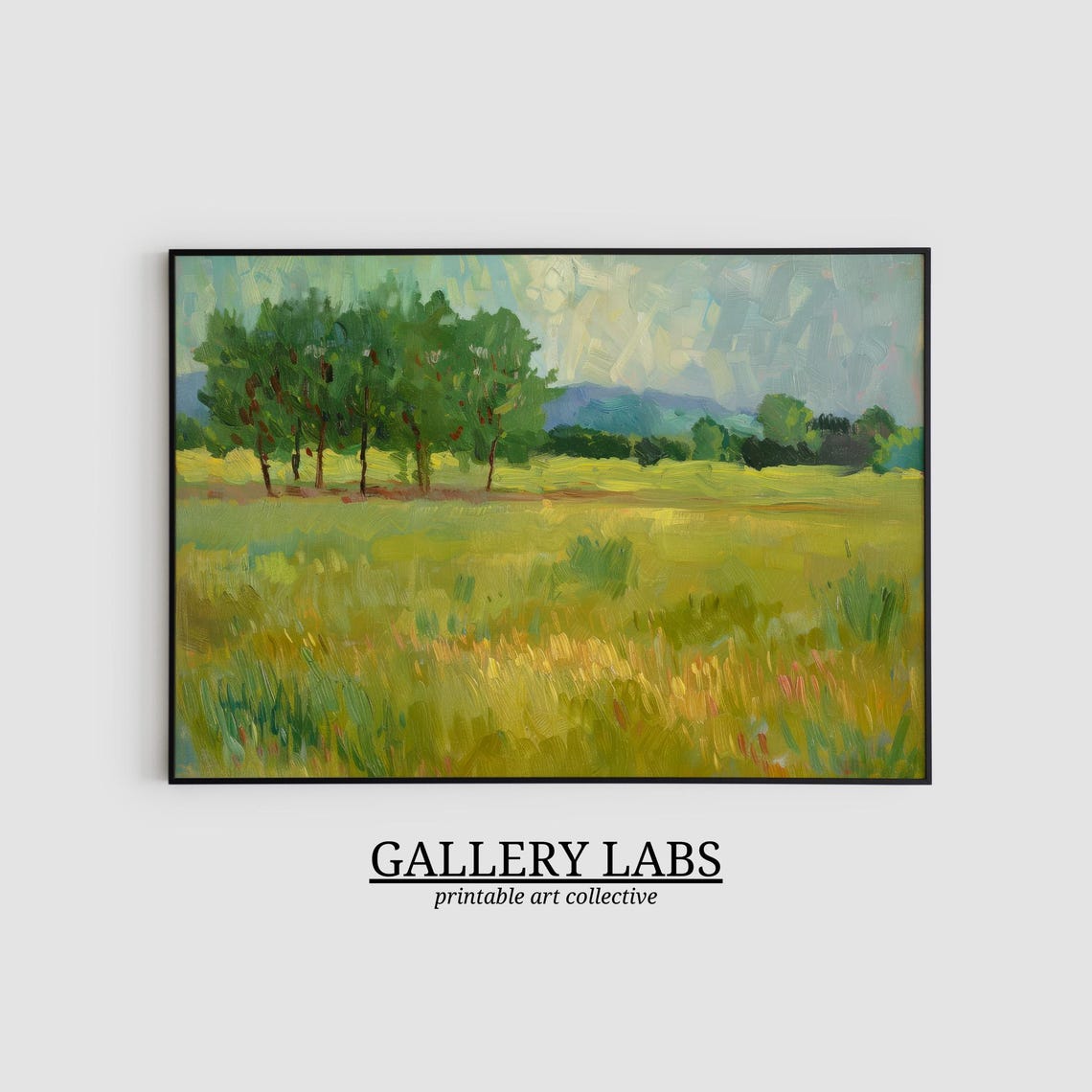 Green Summer Meadow with Trees Impressionist Landscape Wall Art Print - Image 2