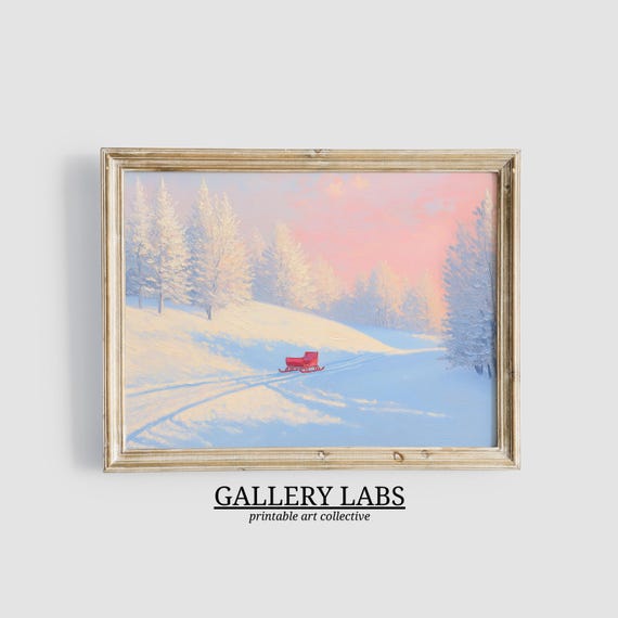 Pink Santa Sleigh Wall Art Girly Festive Print Seasonal Still Life Xmas Decor Cute Christmas Print Snowy Forest Painting