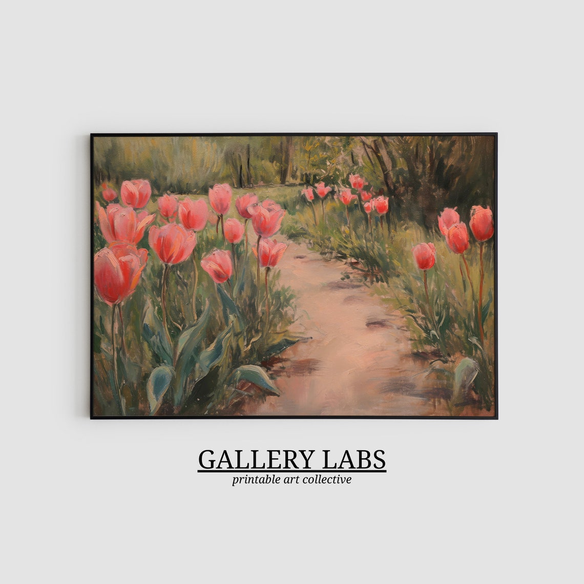 Pink Tulip Garden Path Painting Blooming Spring Walk Art Print - Image 2