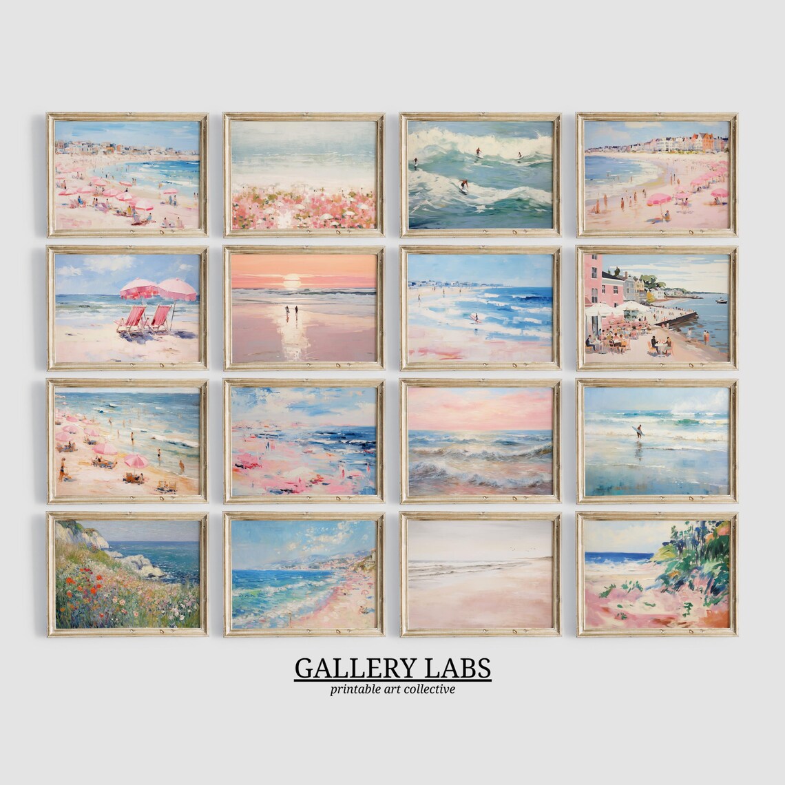 Pink Coastal Beach Scenes Set of 16 Vintage Seaside Gallery Wall Art