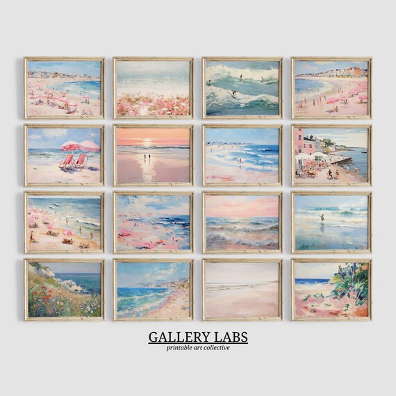 Pink Coastal Beach Scenes Set of 16 Vintage Seaside Gallery Wall Art
