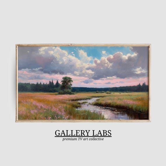 Pink Landscape Frame Tv Art Soft Tone Farmhouse Wall Decor Modern Countryside Art Girly Apartment Painting Tv Art
