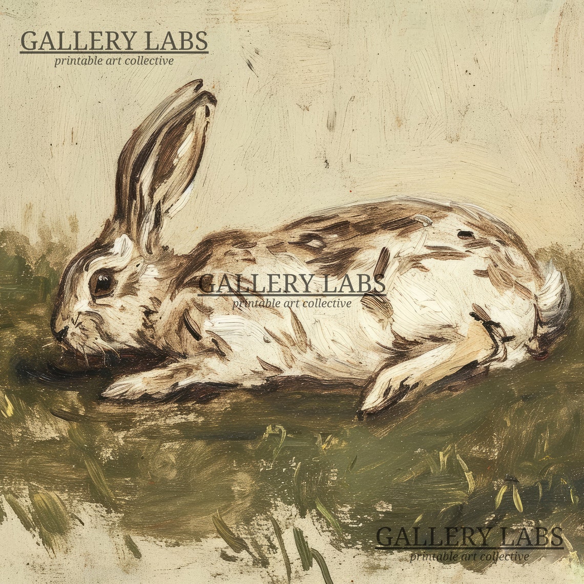 Vintage Wild Hare Lying in Grass Rustic Woodland Oil Art Print - Image 4