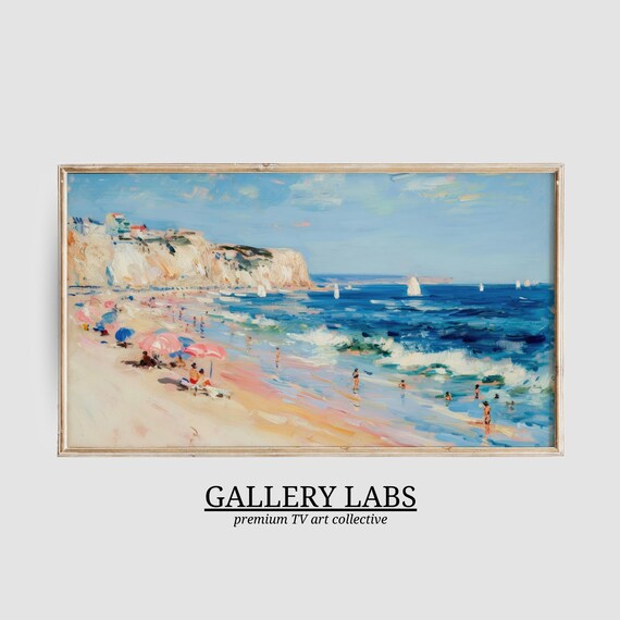 Cliffside Beach White Cliffs Sailboats Swimmers Summer Painting Poster