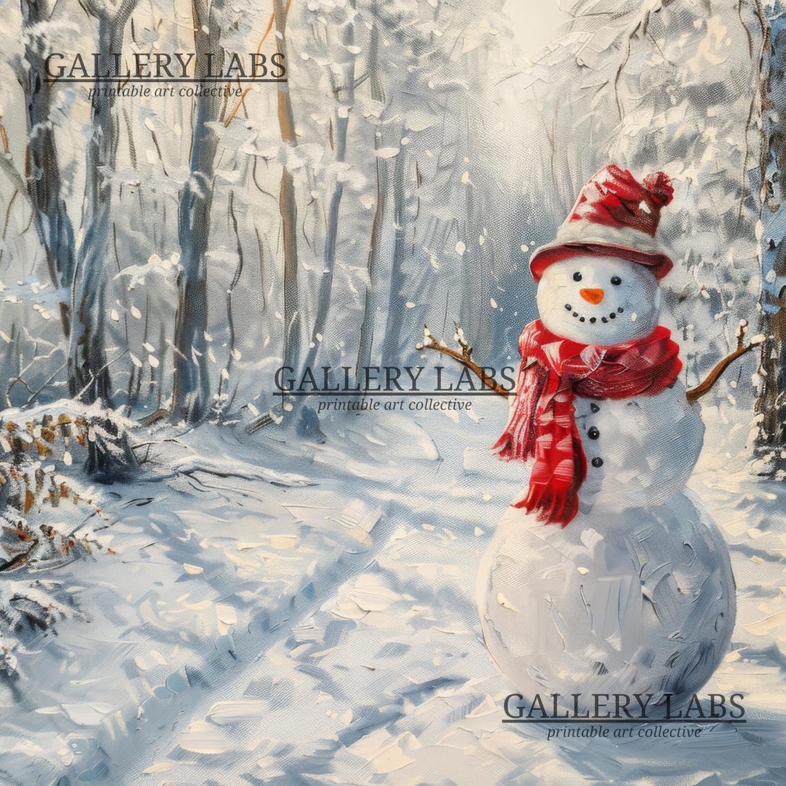 Cheerful Snowman Red Scarf Snowy Forest Winter Christmas Art Poster - Image 4