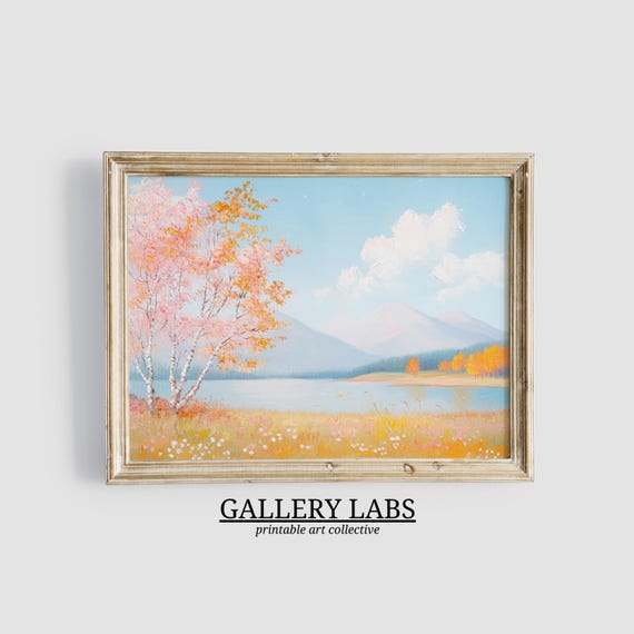 Pink Autumn Pond Landscape Painting Muted Fall Painting Girly Farmhouse Decor Fall Wall Art Cute Wildflower Decor Art