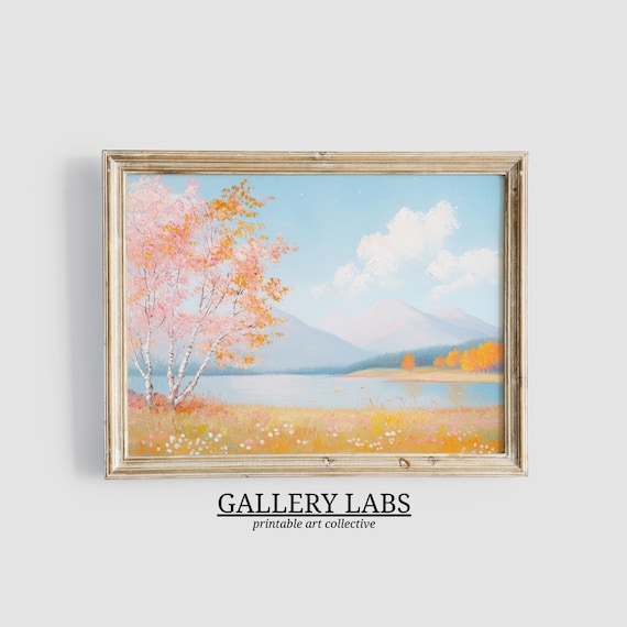 Pink Birch Trees Autumn Lake Mountains Fall Foliage Travel Poster