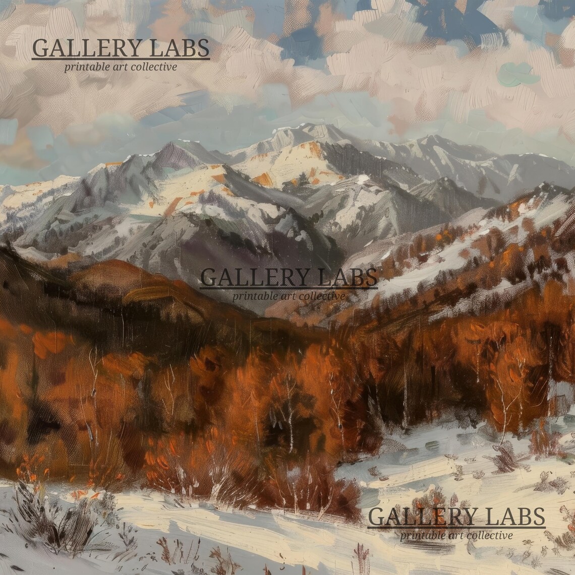 Snow Capped Mountain Range Above Golden Autumn Valley Oil Painting Wall Art Poster - Image 4