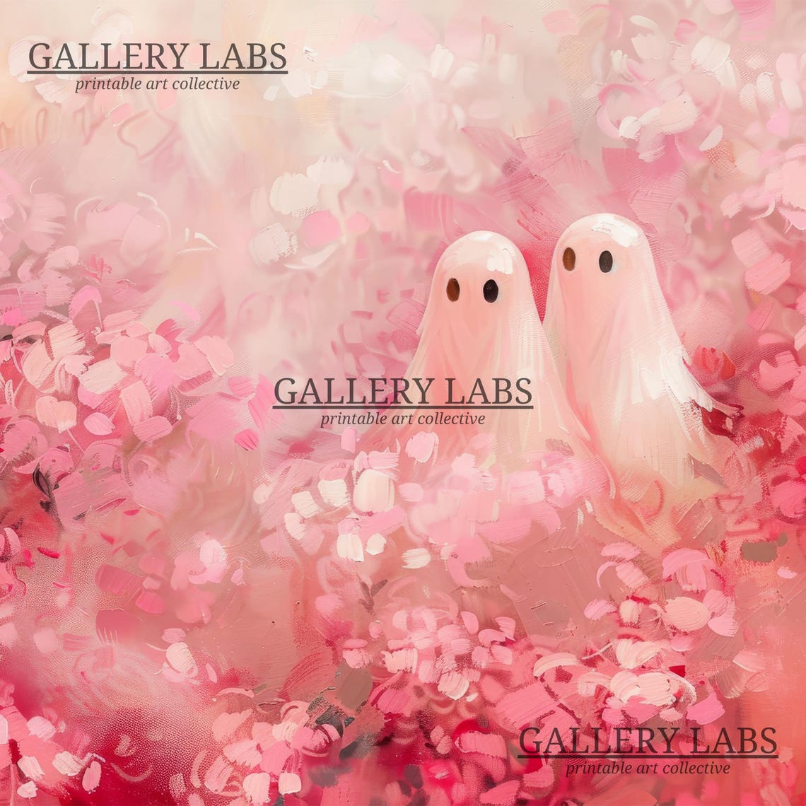 Two Cute Ghosts Pink Wildflowers Field Spooky Sweet Painting Poster - Image 4