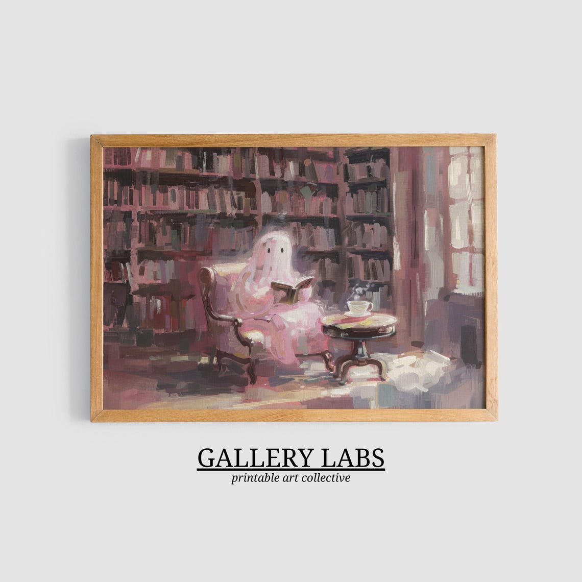 Cute Pink Ghost Reading Book in Cozy Library Halloween Wall Art Print - Image 3