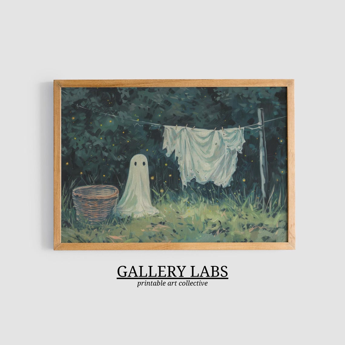 Cute Ghost Hanging Laundry Night Fireflies Spooky Halloween Art Poster - Image 3
