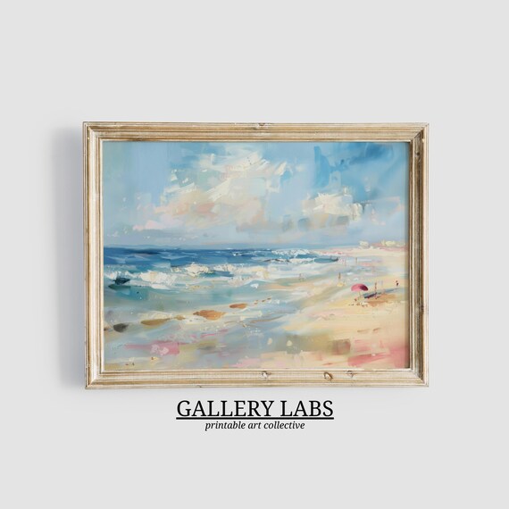 Pastel Beach Waves With Pink Umbrella Abstract Coastal Poster