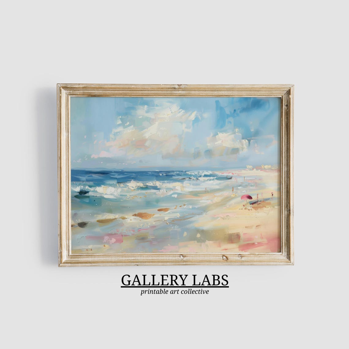 Pastel Beach Waves With Pink Umbrella Abstract Coastal Poster
