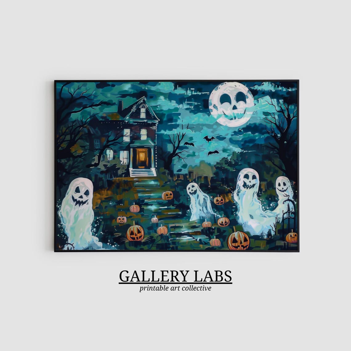Haunted House Ghosts And Pumpkins Halloween Night Moon Poster - Image 2