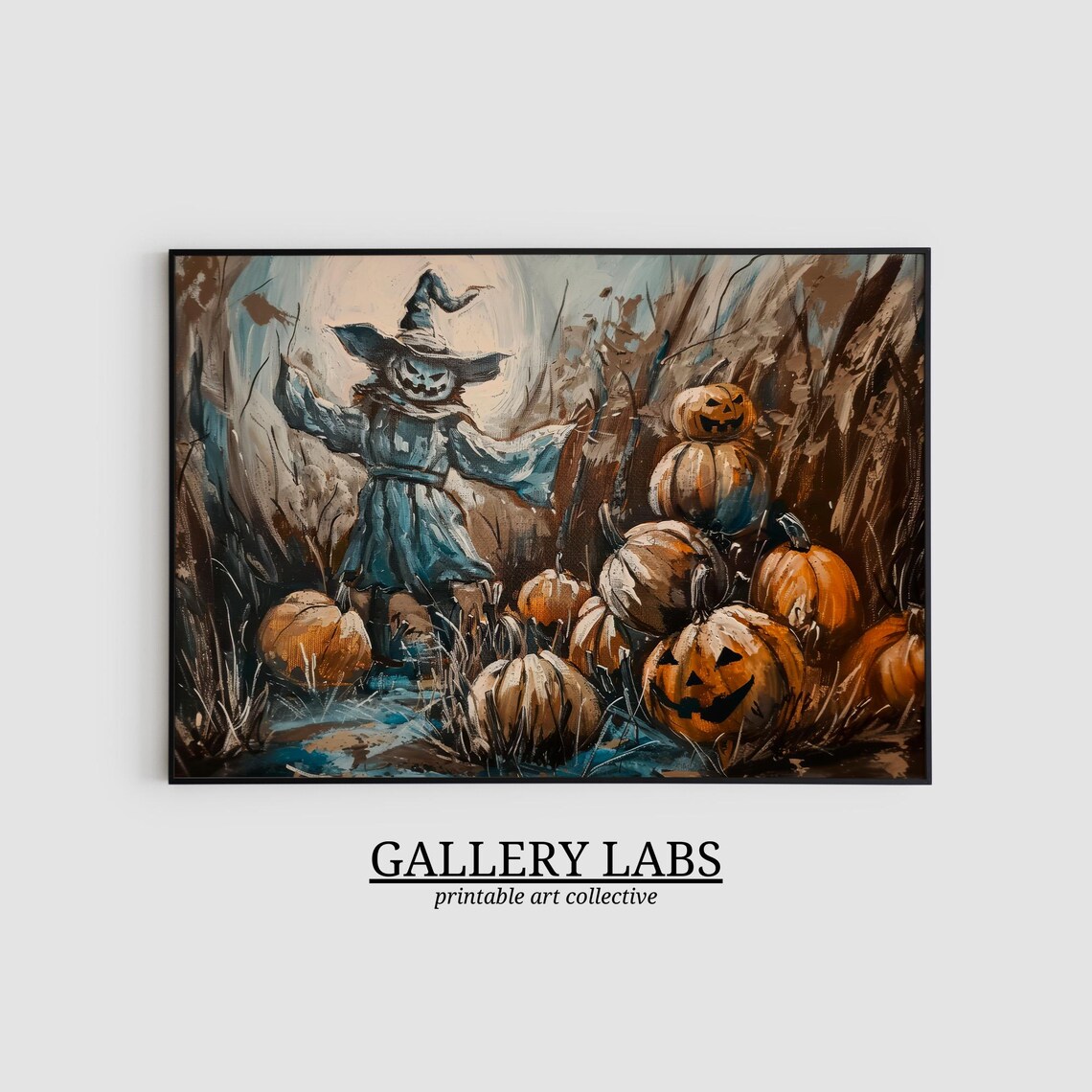 Scarecrow with Pumpkin Head in Cornfield Vintage Halloween Wall Art Print - Image 2