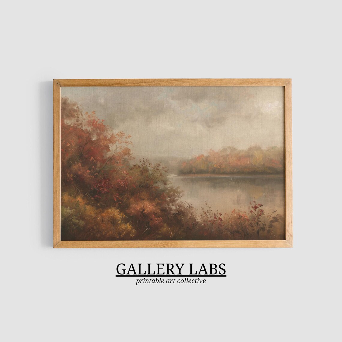 Autumn Lake With Fiery Red Foliage Shoreline Moody Fall Landscape Oil Painting Print - Image 3