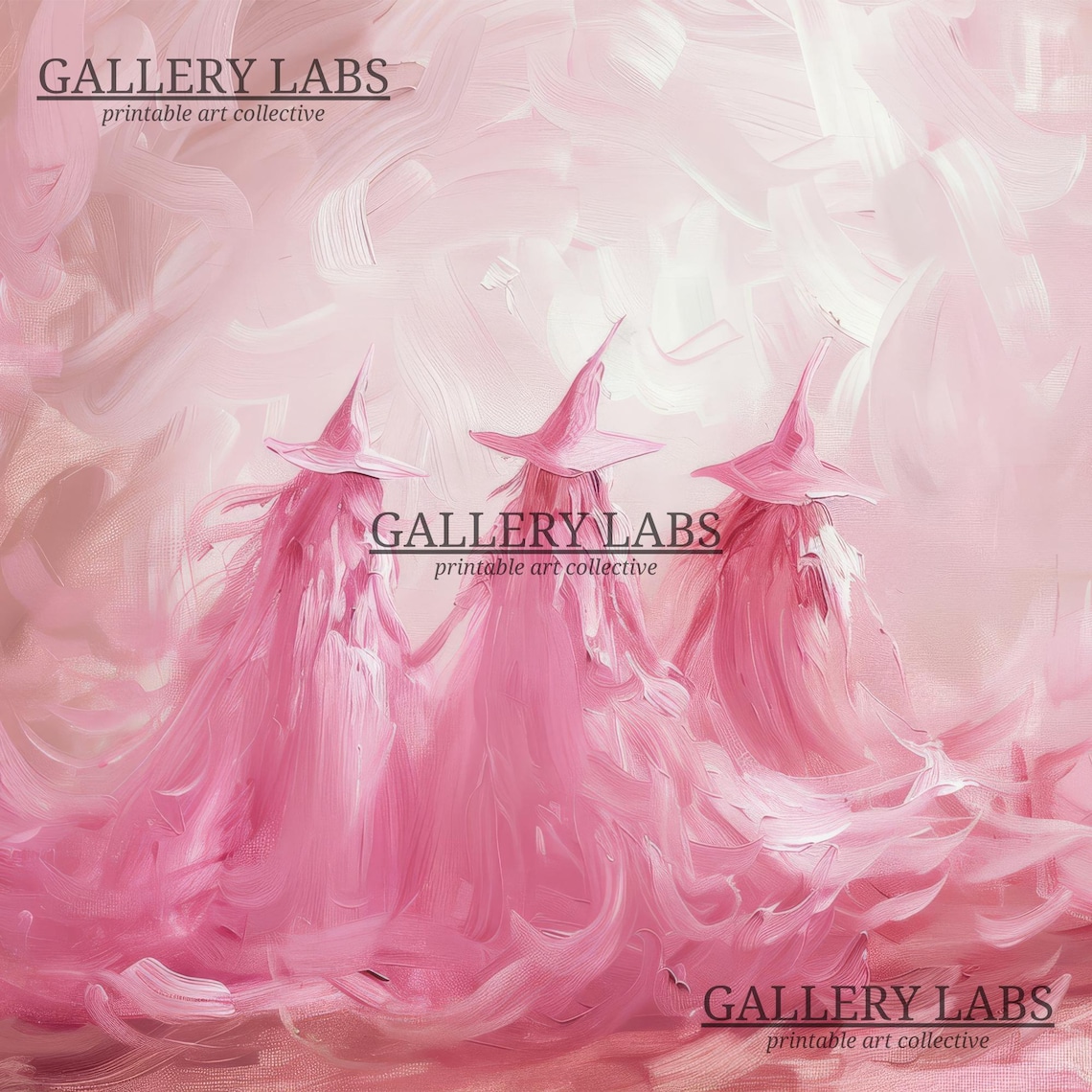 Three Pink Witches In Hats Spooky Season Whimsical Painting Poster - Image 4