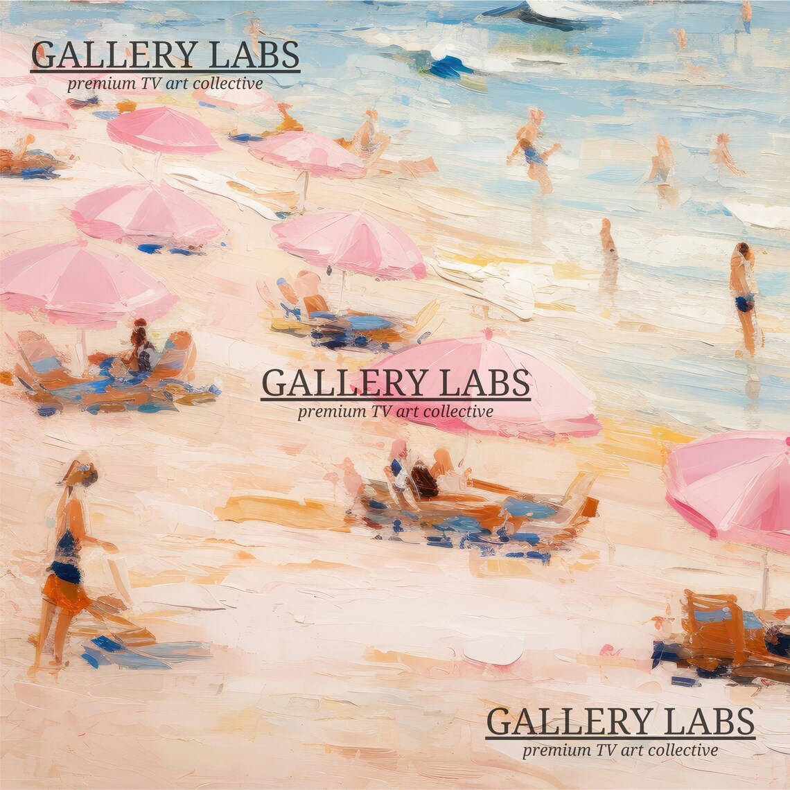 Pink Beach Umbrellas Ocean Painting Summer Coastal Surf Wall Art Poster - Image 4