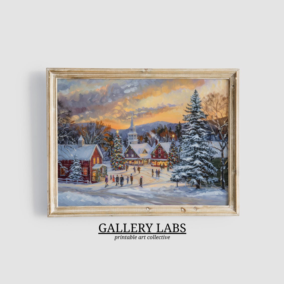 Snowy Christmas Village Church Steeple Lit Tree Sunset Painting Poster