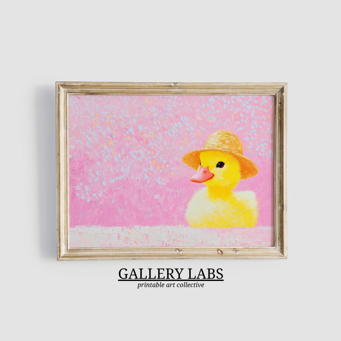 Cute Yellow Duckling Straw Hat Pink Background Nursery Art Print