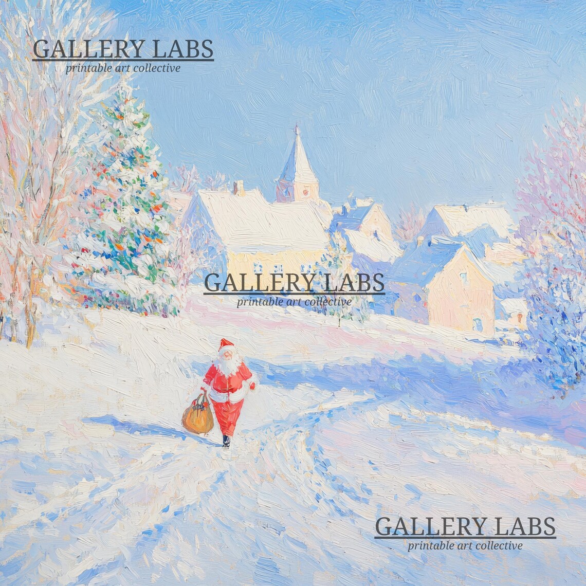 Santa Claus Snowy Village Church Winter Christmas Scene Wall Art - Image 4